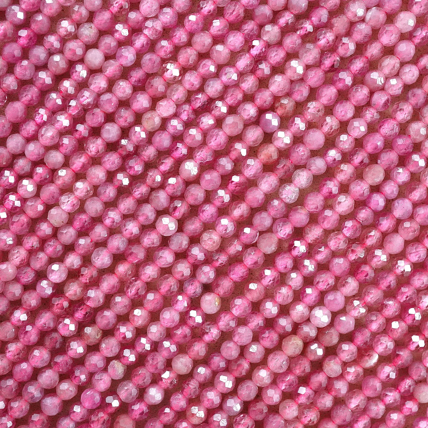 Pink Tourmaline (Round)(Micro)(Faceted)(2mm)(15"Strand)
