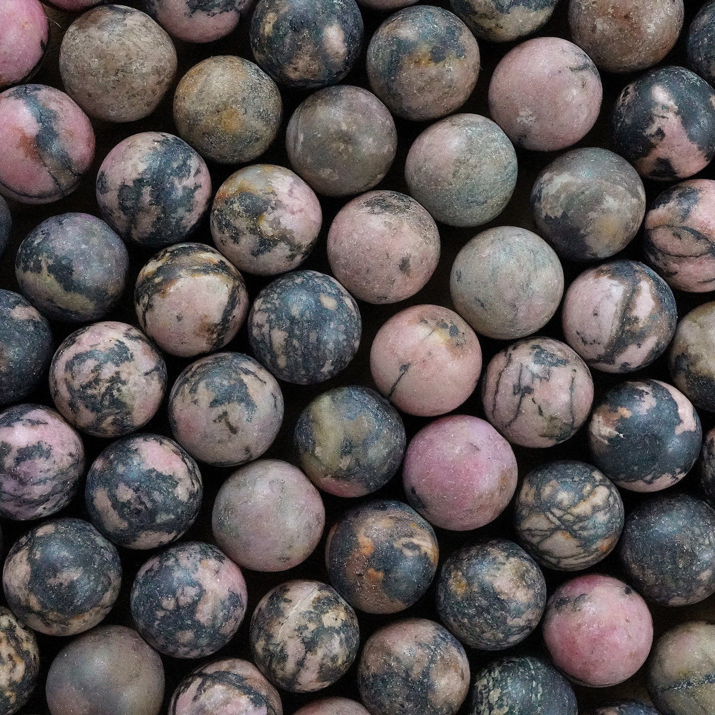 Rhodonite (Round)(Matte)(4mm)(6mm)(8mm)(10mm)(12mm)(16"Strand)