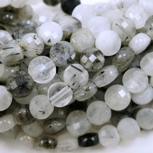 Black Tourmalated Quartz (Coin)(Micro)(Faceted)(6×4mm)(15"Strand)