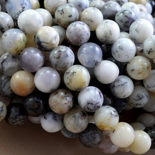 White Dendritic Opal (Round)(Smooth)(4mm)(6mm)(8mm)(10mm)(16"Strand)