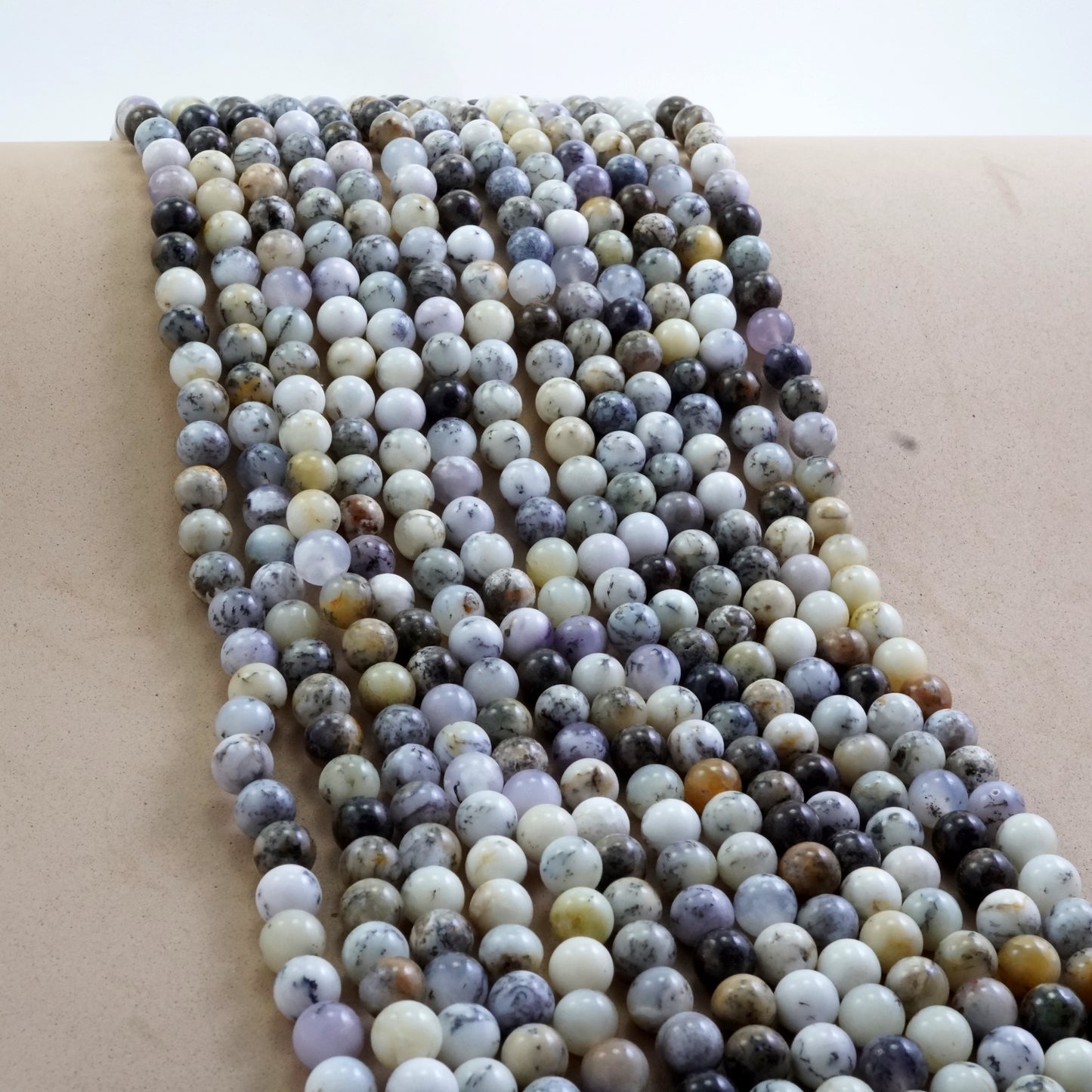 White Dendritic Opal (Round)(Smooth)(4mm)(6mm)(8mm)(10mm)(16"Strand)