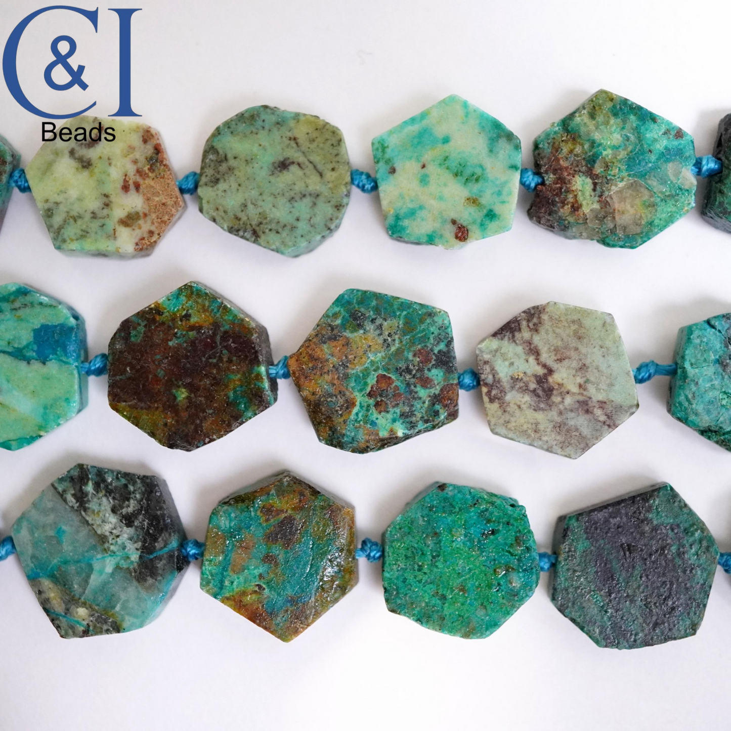 Chrysocolla (Hexagon)(Matte)(Raw)(15mm)(17"Strand)