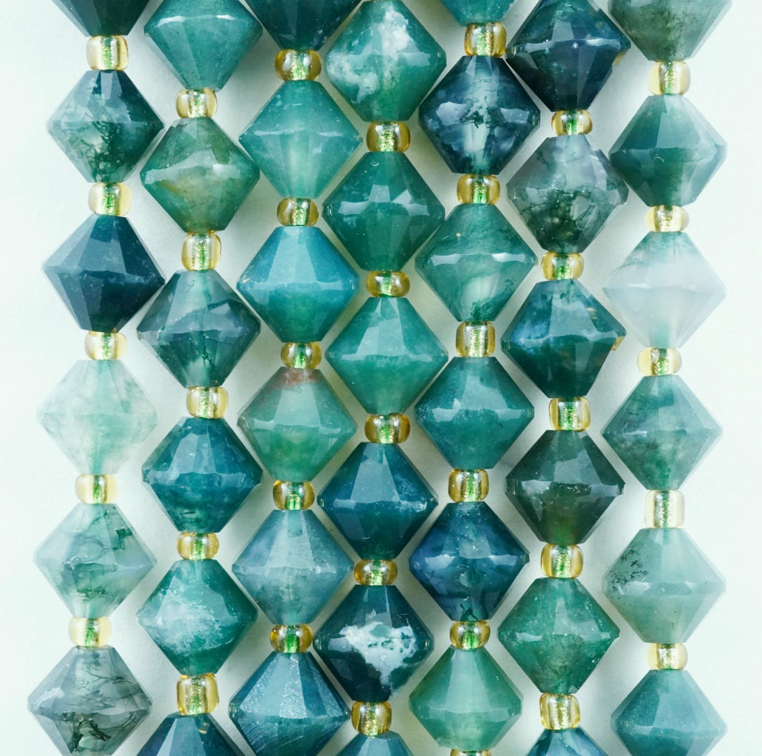 Moss Agate (Bicone)(Faceted)(8mm)(16"Strand)