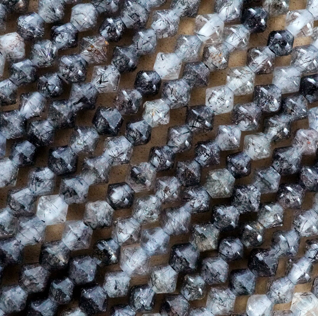 Black Tourmalated Quartz (Bicone)(Micro)(Faceted)(4mm)(15.5"Strand)