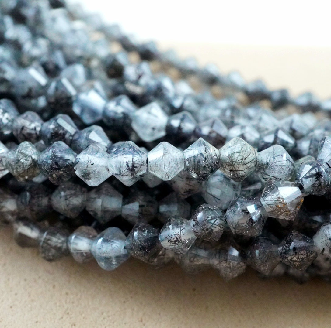Black Tourmalated Quartz (Bicone)(Micro)(Faceted)(4mm)(15.5"Strand)