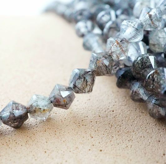 Black Tourmalated Quartz (Bicone)(Micro)(Faceted)(4mm)(15.5"Strand)
