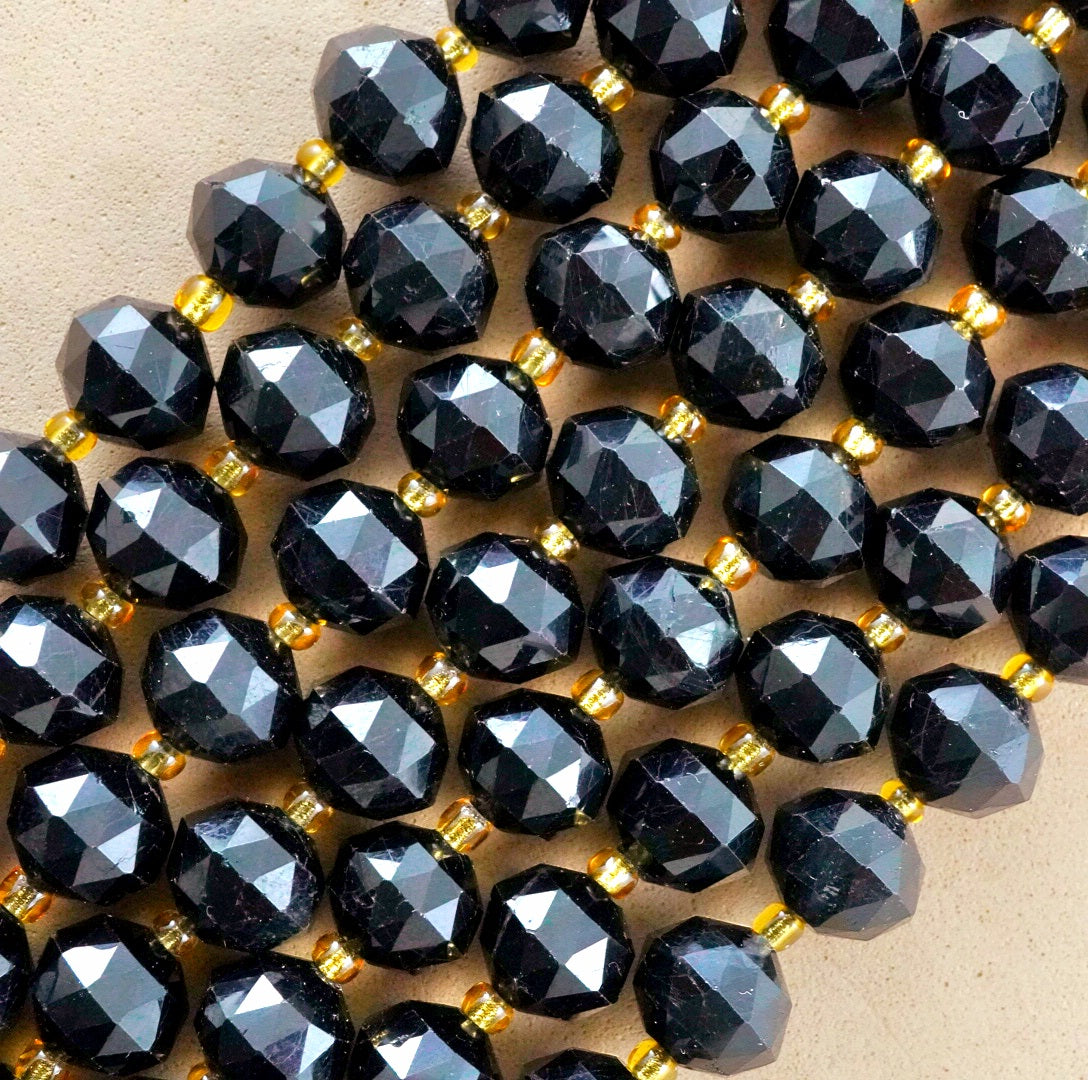 Black Tourmaline (Rondelle)(Triangle-Faceted)(10x8mm)(15.5"Strand)