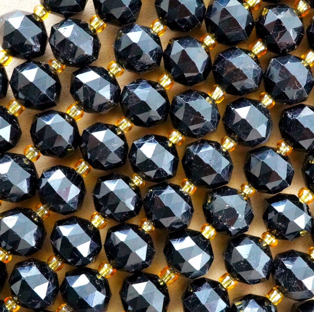 Black Tourmaline (Rondelle)(Triangle-Faceted)(10x8mm)(15.5"Strand)