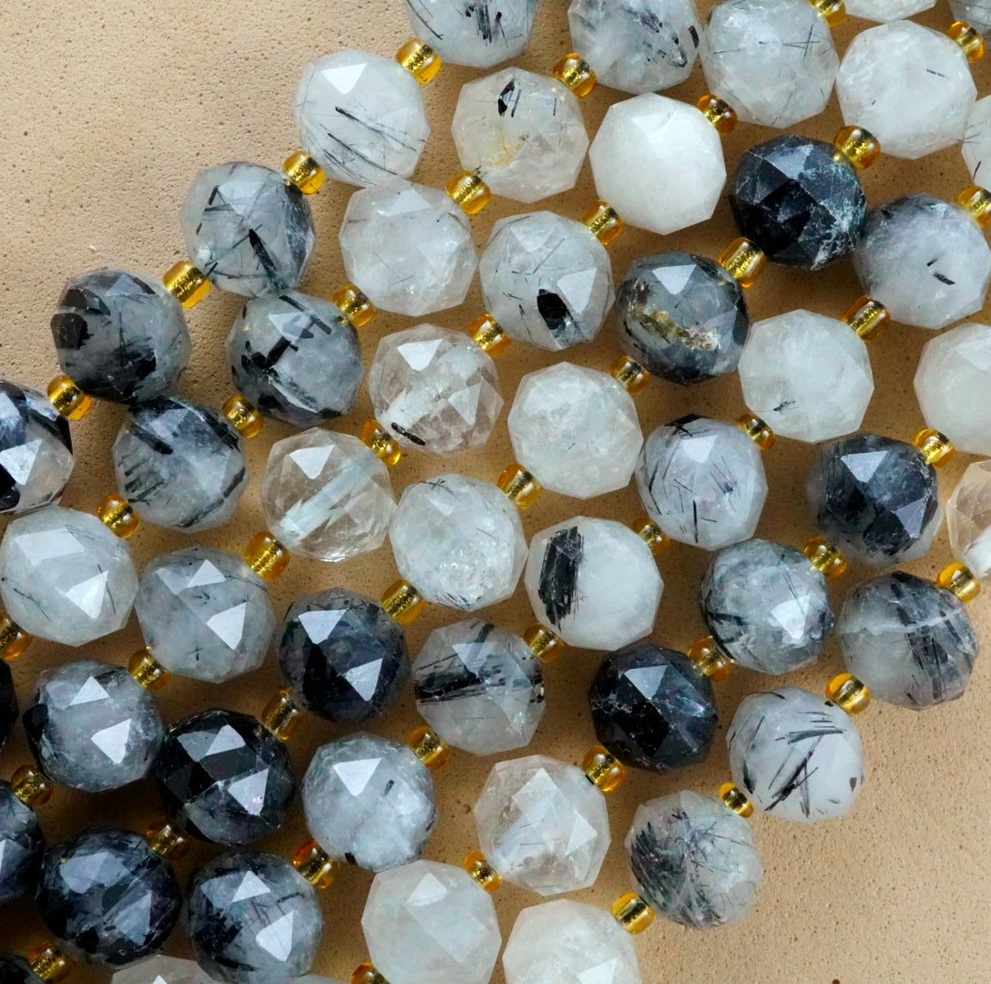 Black Tourmalated Quartz (Rondelle)(Triangle-Faceted)(10x8mm)(15.5"Strand)