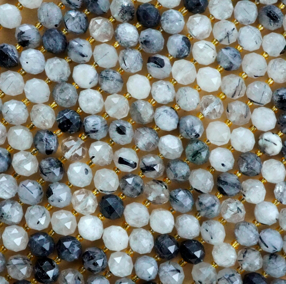 Black Tourmalated Quartz (Rondelle)(Triangle-Faceted)(10x8mm)(15.5"Strand)
