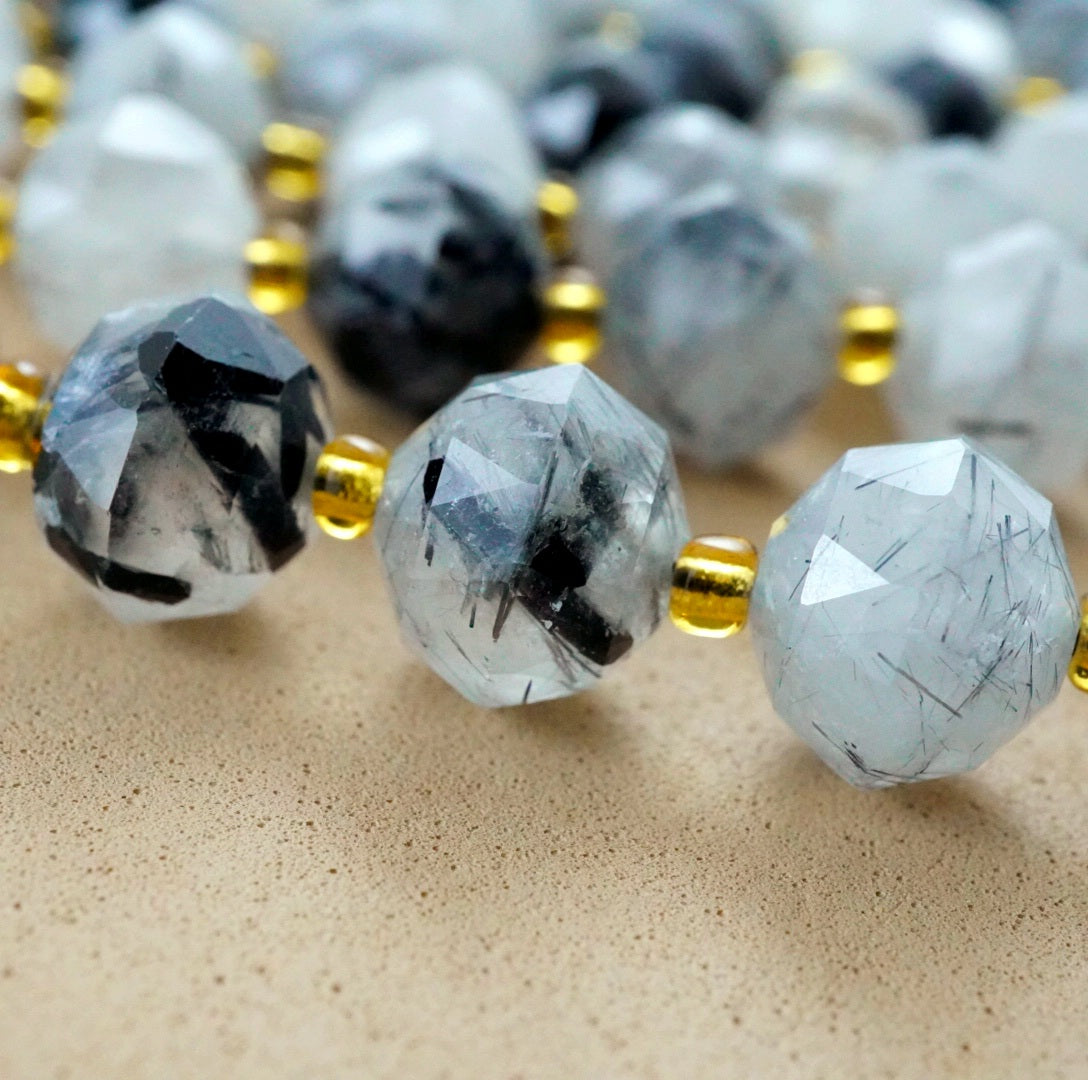 Black Tourmalated Quartz (Rondelle)(Triangle-Faceted)(10x8mm)(15.5"Strand)