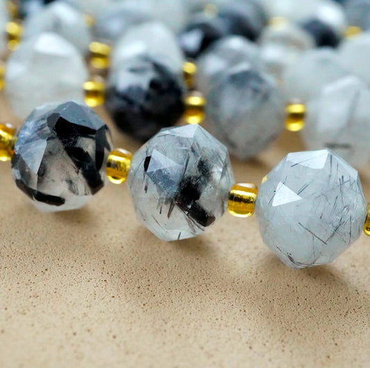 Black Tourmalated Quartz (Rondelle)(Triangle-Faceted)(10x8mm)(15.5"Strand)
