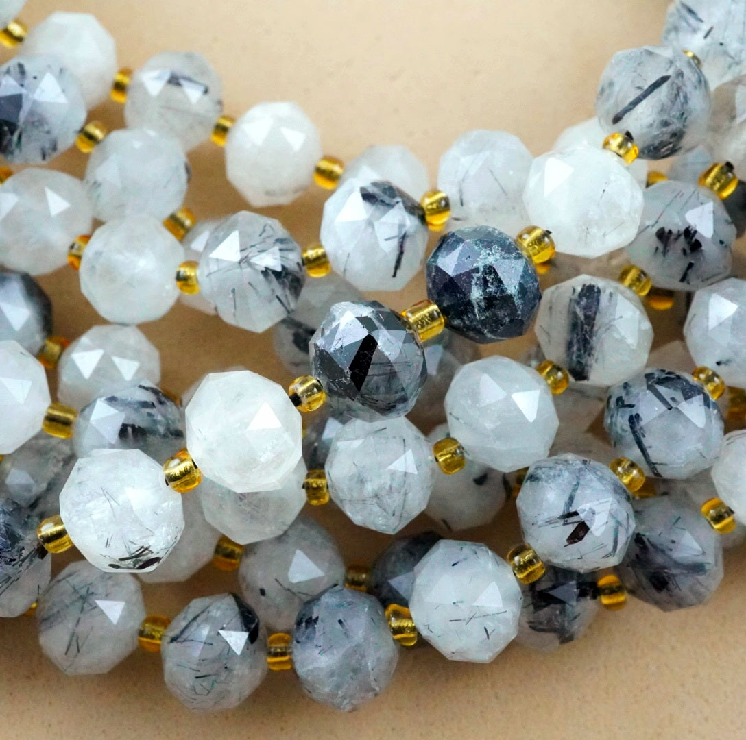 Black Tourmalated Quartz (Rondelle)(Triangle-Faceted)(10x8mm)(15.5"Strand)