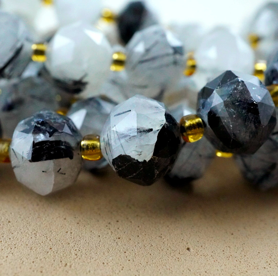 Black Tourmalated Quartz (Rondelle)(Triangle-Faceted)(10x8mm)(15.5"Strand)
