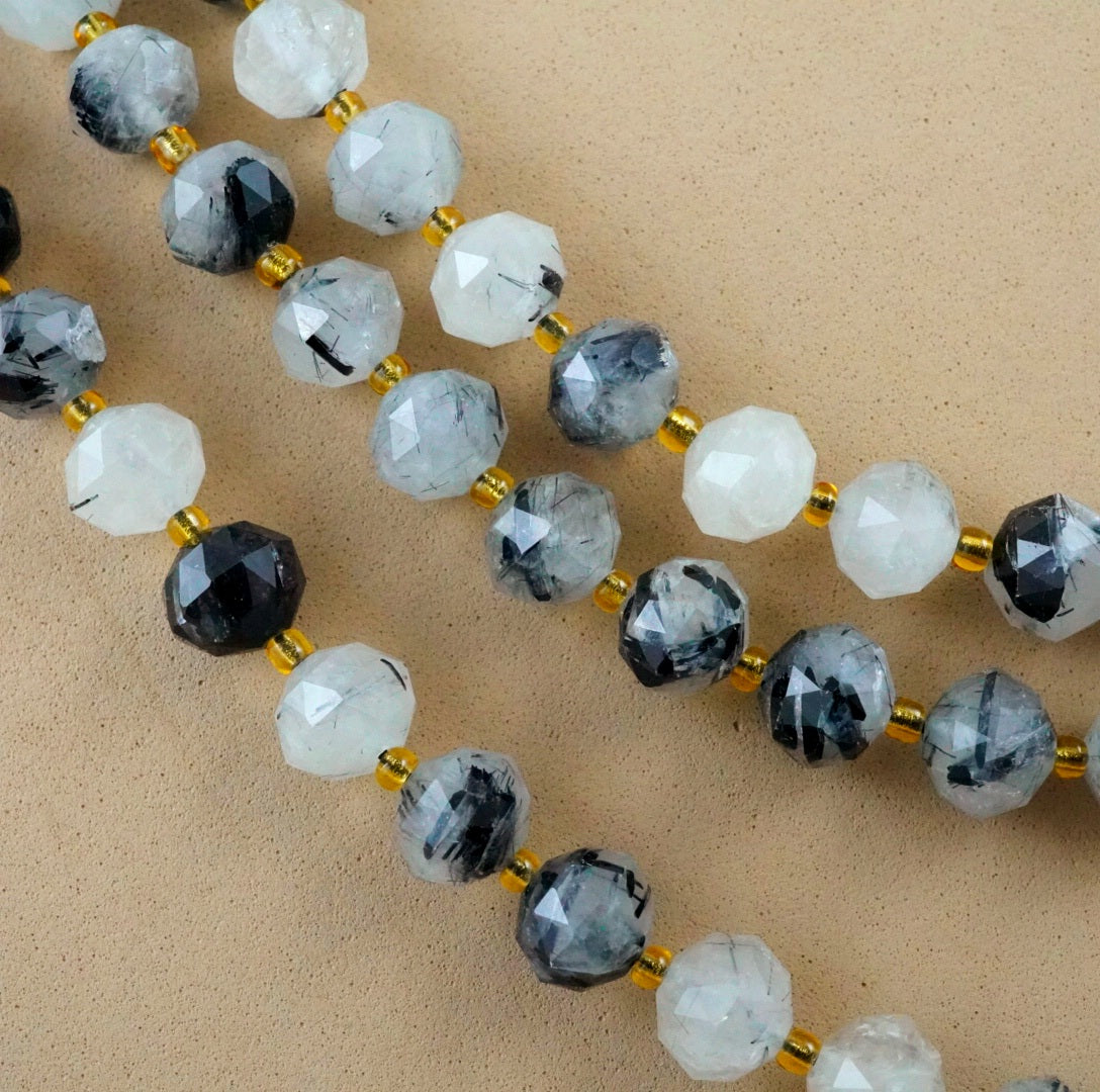 Black Tourmalated Quartz (Rondelle)(Triangle-Faceted)(10x8mm)(15.5"Strand)