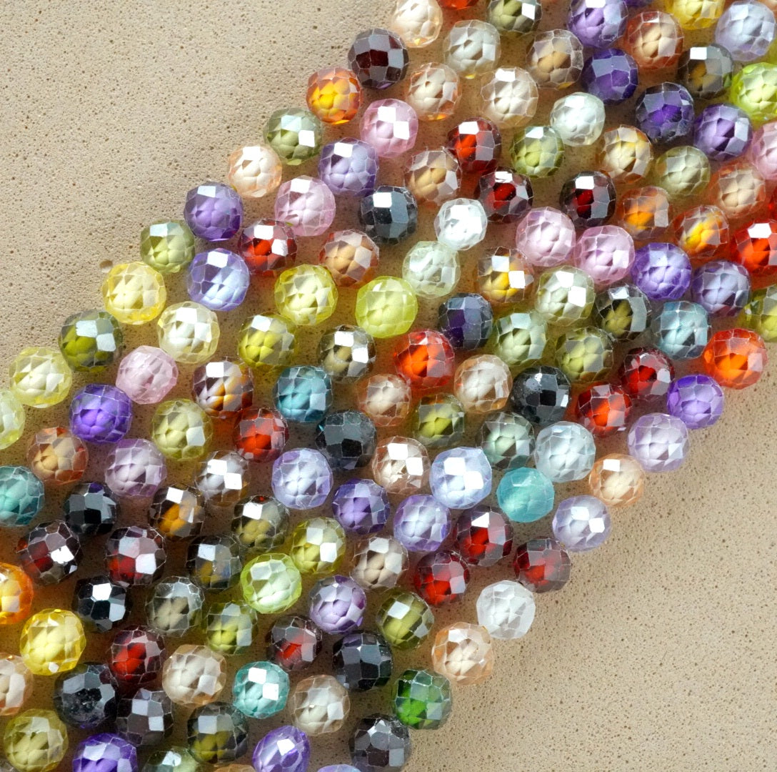 Cubic Zirconia (Round)(Micro)(Faceted)(Multi-Color)(Dyed)(2mm)(4mm)(16"Strand)