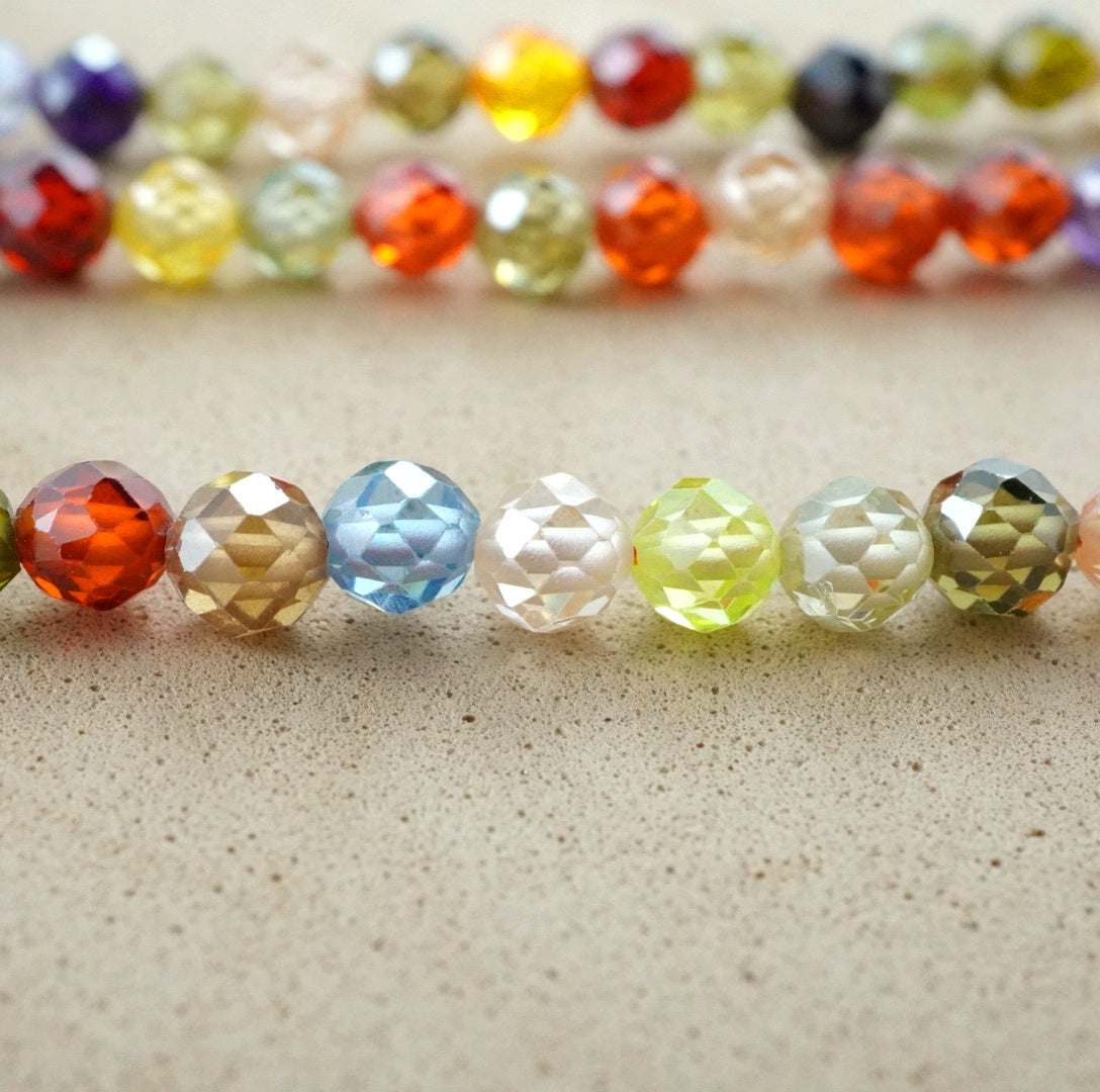 Cubic Zirconia (Round)(Micro)(Faceted)(Multi-Color)(Dyed)(2mm)(4mm)(16"Strand)