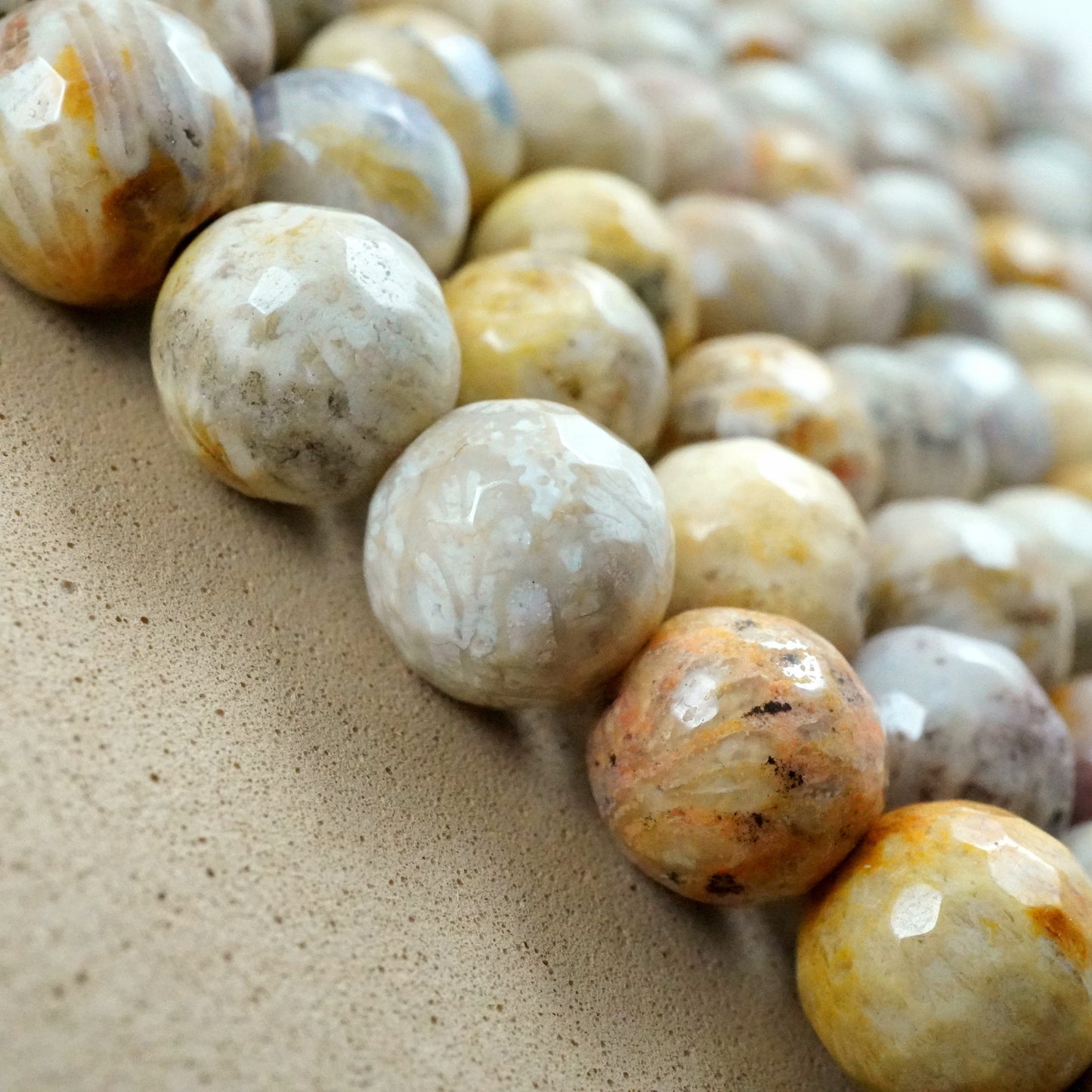 Fossil Coral (Round)(Faceted)(6mm)(8mm)(10mm)(16"Strand)