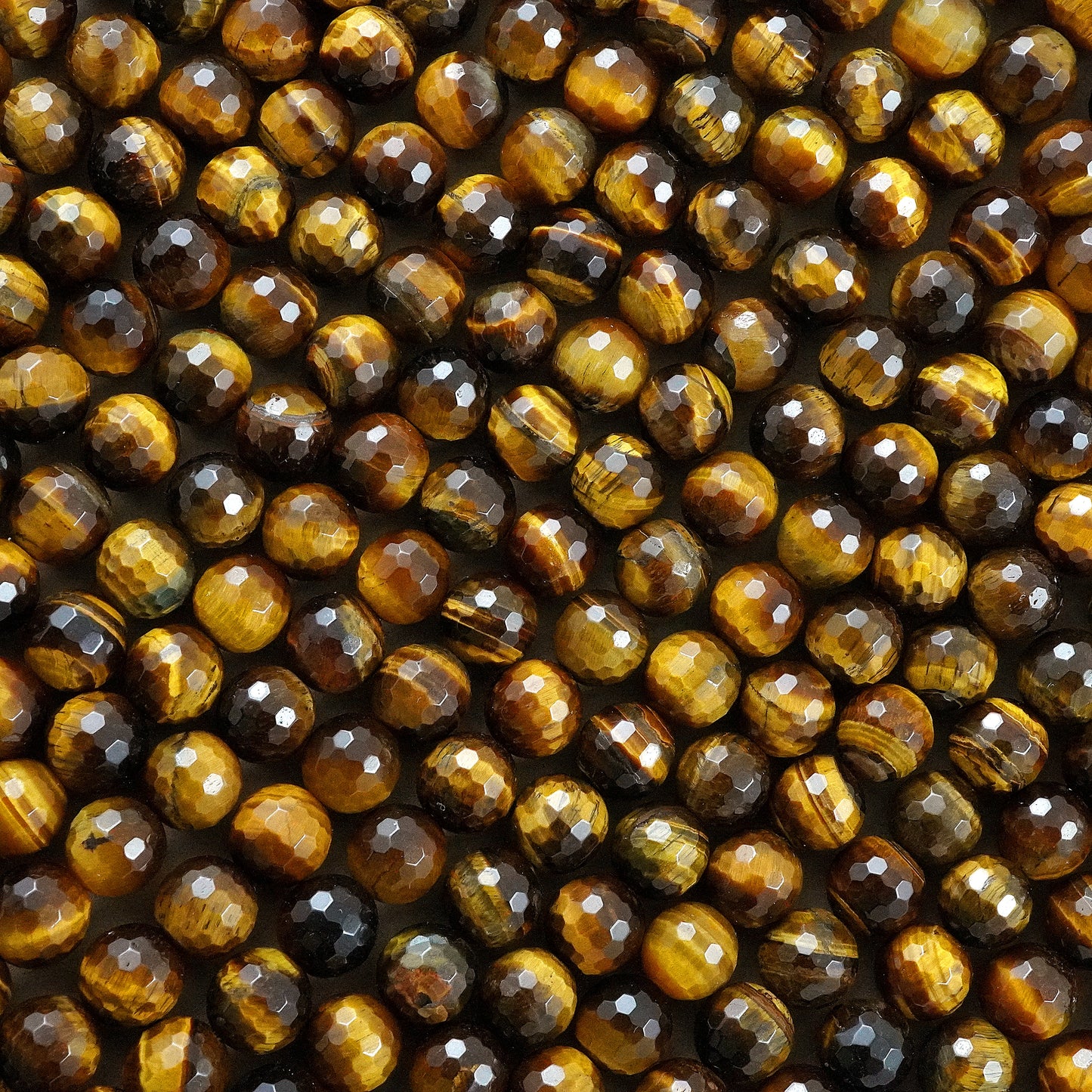 Tiger Eye (Round)(Faceted)(4mm)(6mm)(8mm)(10mm)(12mm)(16"Strand)