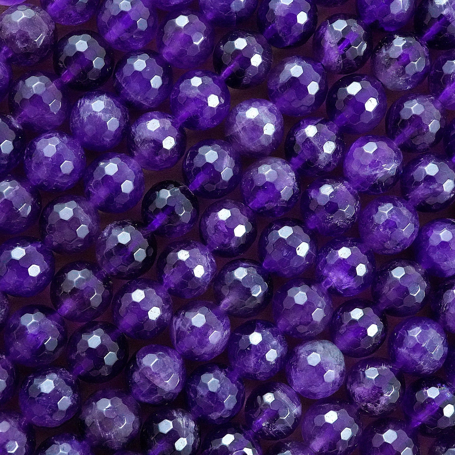 Amethyst (Round)(Faceted)(4mm)(6mm)(8mm)(10mm)(16"Strand)