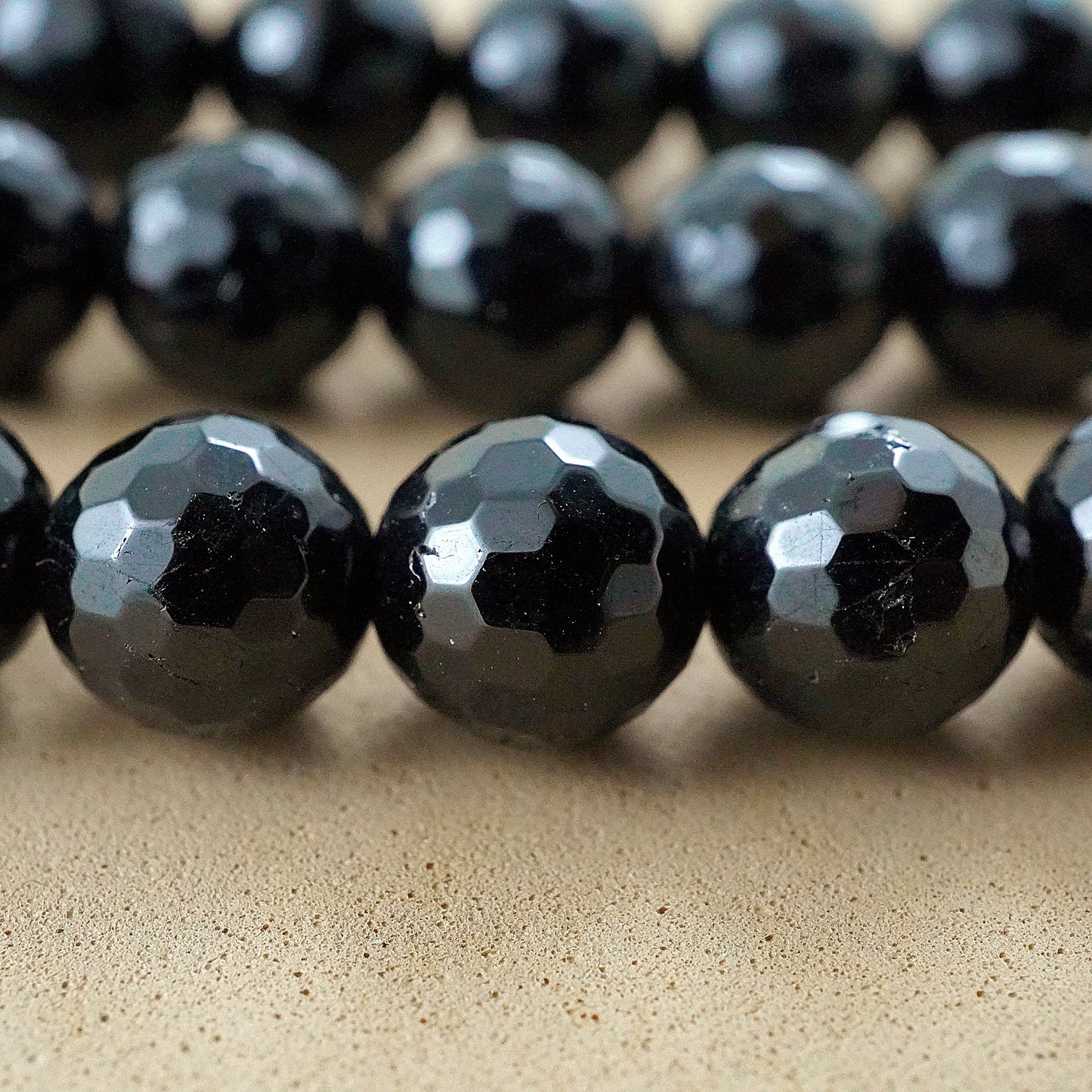 Black Tourmaline (Round)(Faceted)(6mm)(8mm)(10mm)(16"Strand)