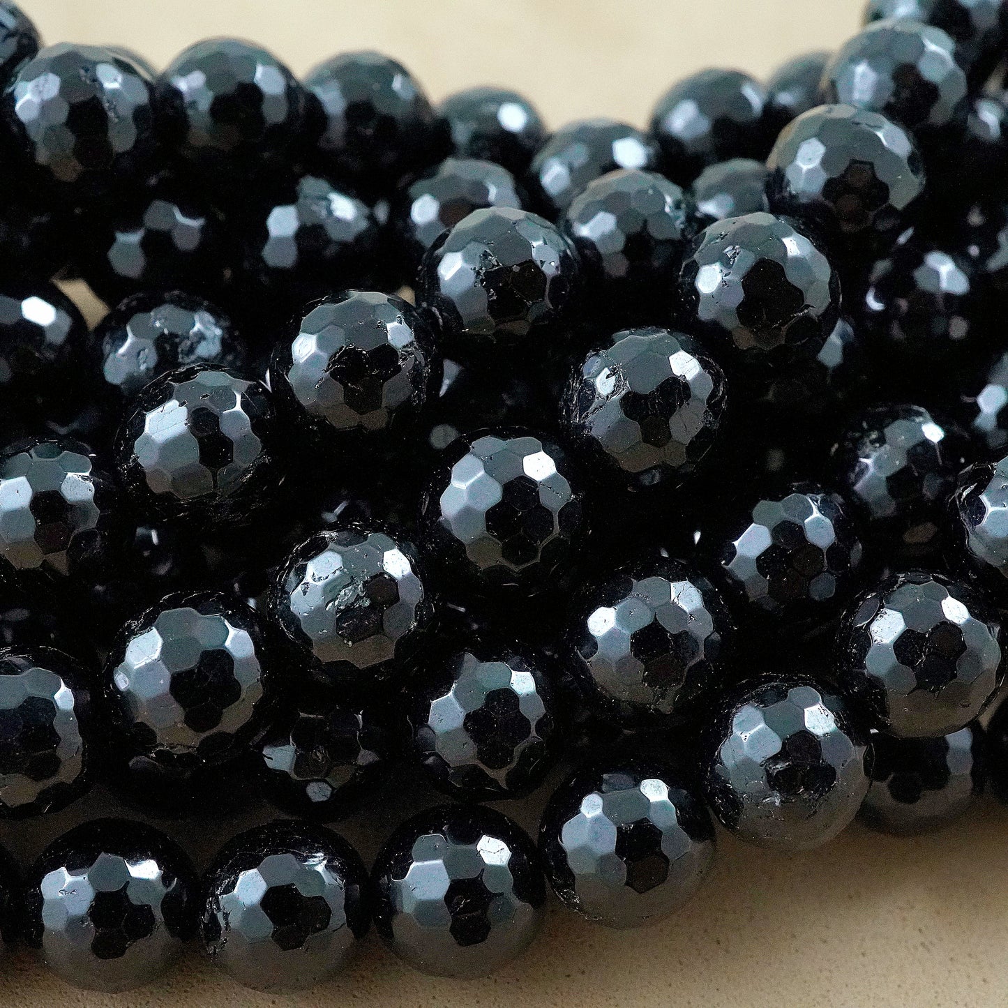 Black Tourmaline (Round)(Faceted)(6mm)(8mm)(10mm)(16"Strand)