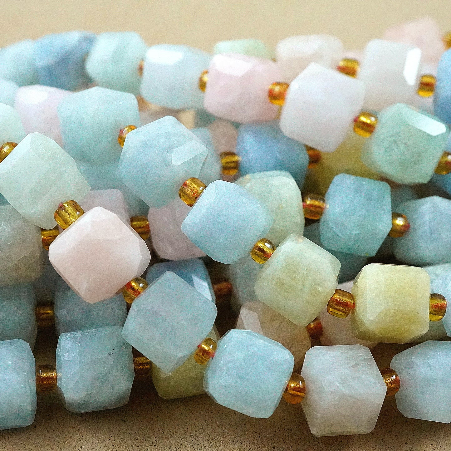 Aquamarine/Morganite Mix (Cube)(Faceted)(8mm)(15"Strand)