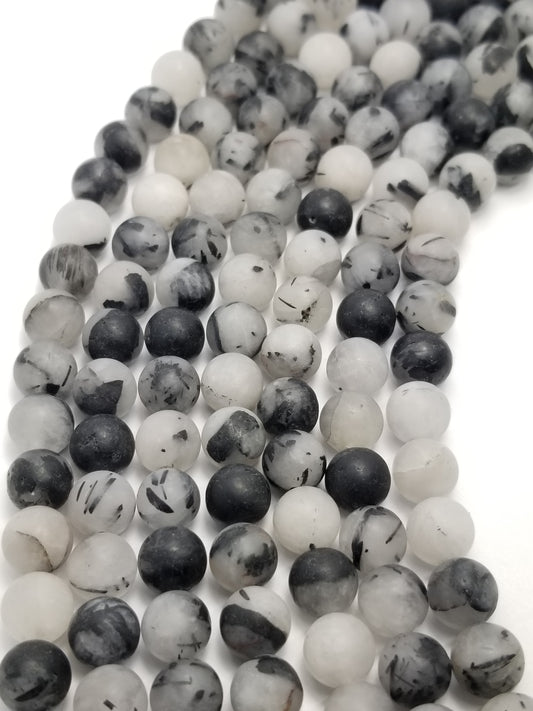 Black Tourmalated Quartz (Round)(Matte)(16"Strand)