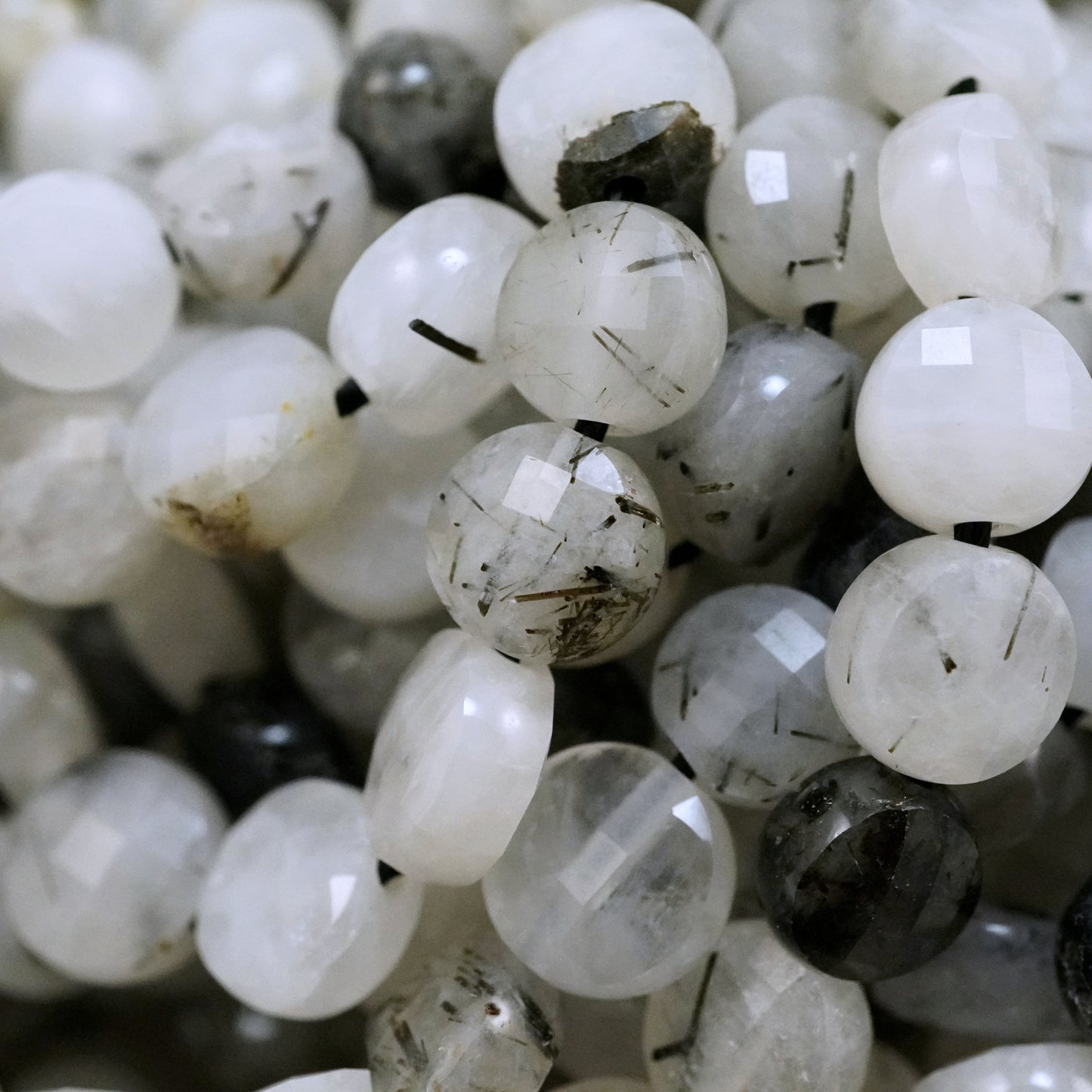 Black Tourmalated Quartz (Coin)(Micro)(Faceted)(6×4mm)(15"Strand)