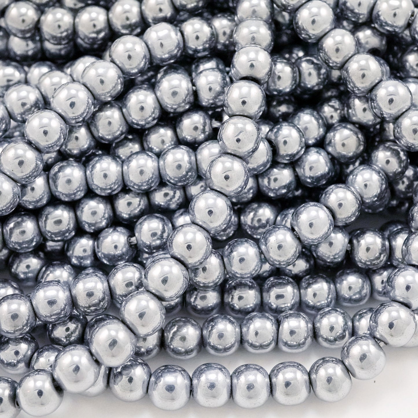 Hematite (Light Grey)(Electroplated)(Round)(Smooth)(2mm)(4mm)(6mm)(8mm) (10mm)(15.50"Strand)