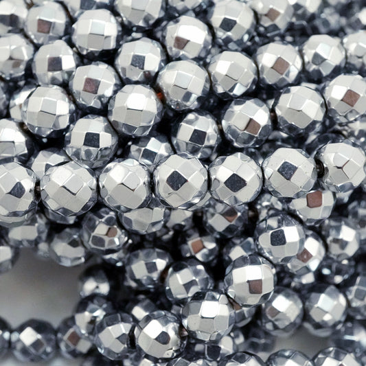 Hematite (Light Grey)(Electroplated)(Round)(Faceted)(2mm)(4mm)(6mm)(8mm) (10mm)(15.50"Strand)