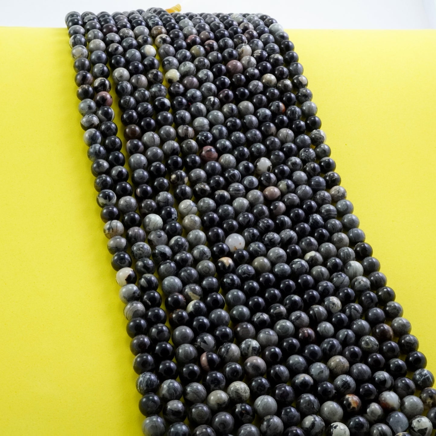 Black Silver Leaf Jasper (Round)(Smooth)(6mm)(8mm)(16"Strand)