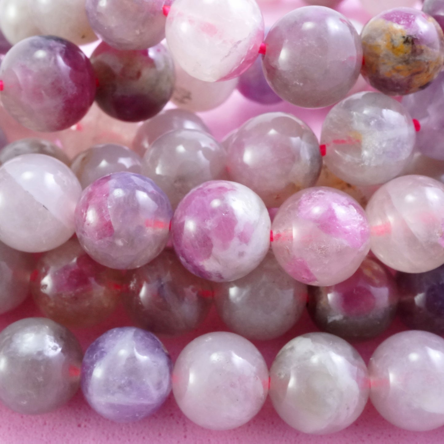 Pink Tourmaline and Lepidolite in Quartz (Round)(Smooth)(6mm)(8mm )(10mm)(16"Strand)