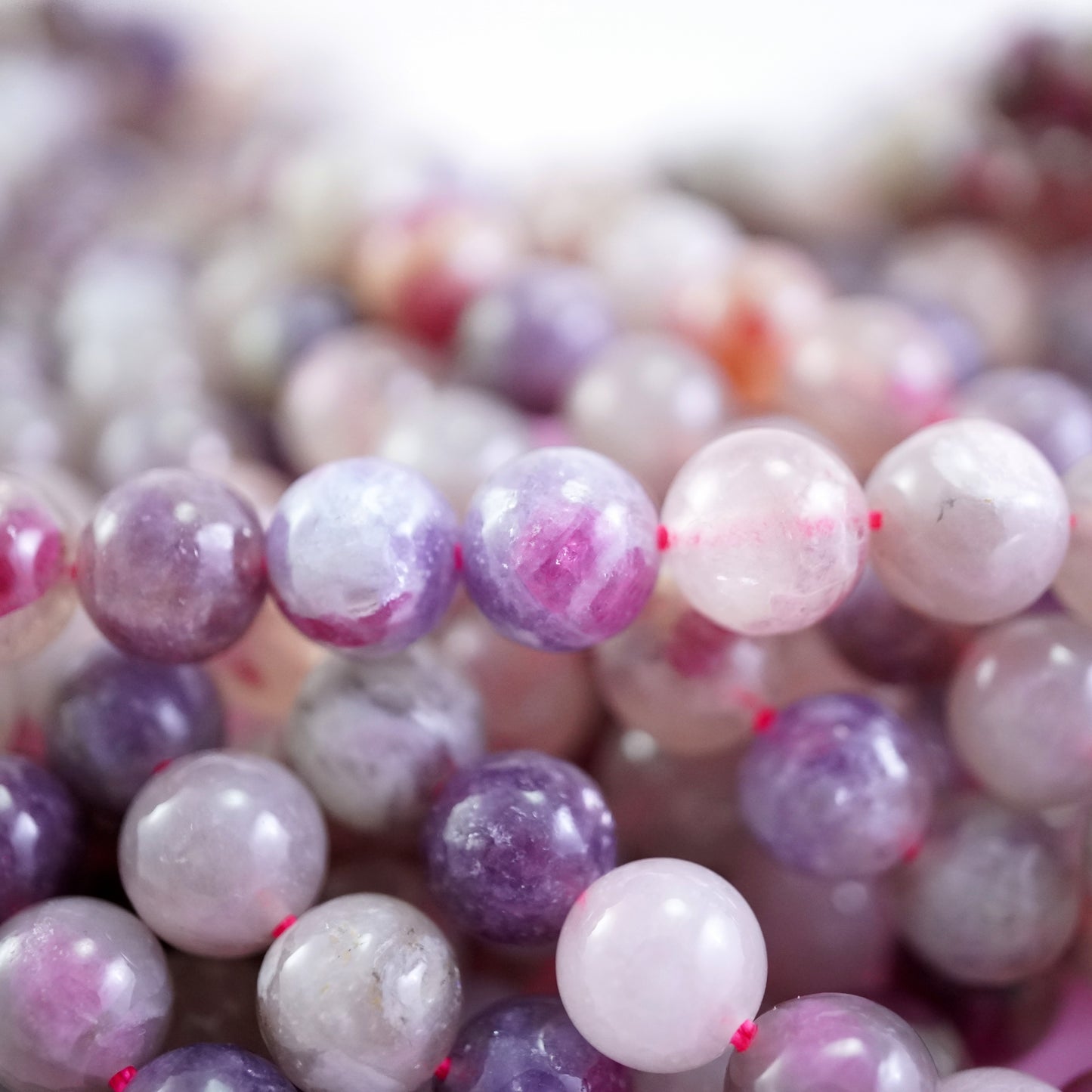 Pink Tourmaline and Lepidolite in Quartz (Round)(Smooth)(6mm)(8mm )(10mm)(16"Strand)