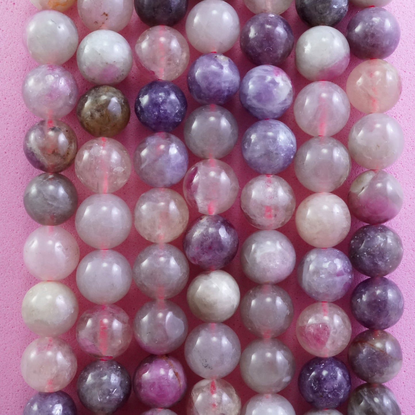 Pink Tourmaline and Lepidolite in Quartz (Round)(Smooth)(6mm)(8mm )(10mm)(16"Strand)