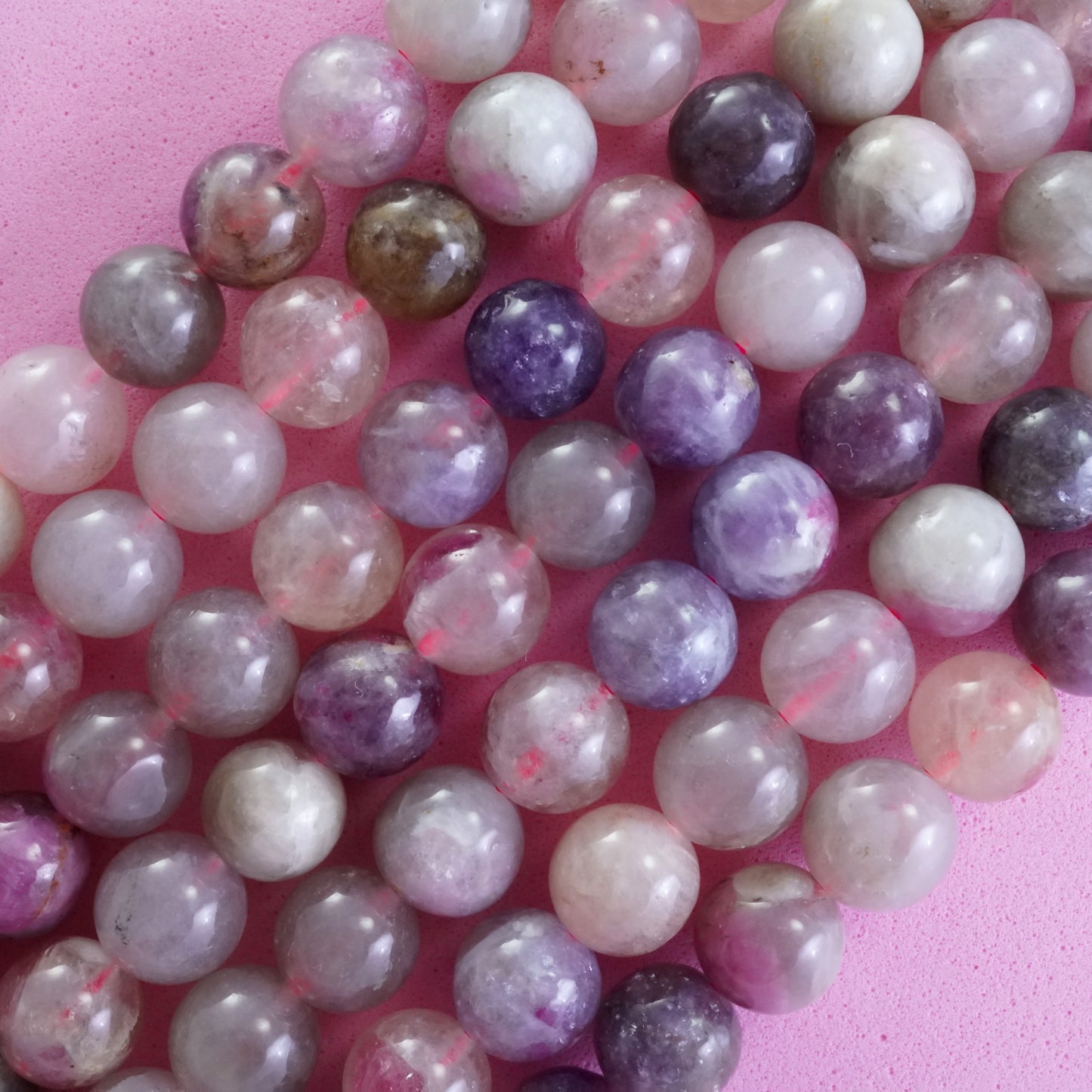 Pink Tourmaline and Lepidolite in Quartz (Round)(Smooth)(6mm)(8mm )(10mm)(16"Strand)