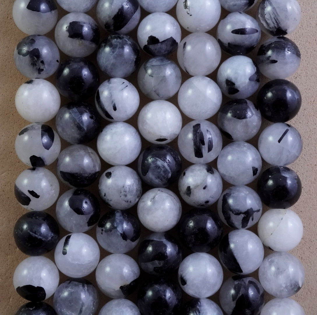 Black Tourmalated Quartz (Round)(Smooth)(4mm)(6mm)(8mm)(10mm)(12mm)(16"Strand)