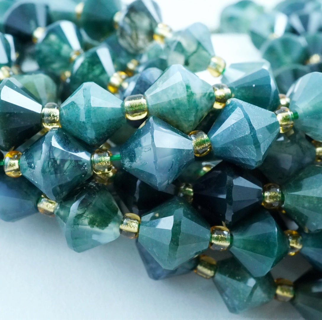 Moss Agate (Bicone)(Faceted)(8mm)(16"Strand)