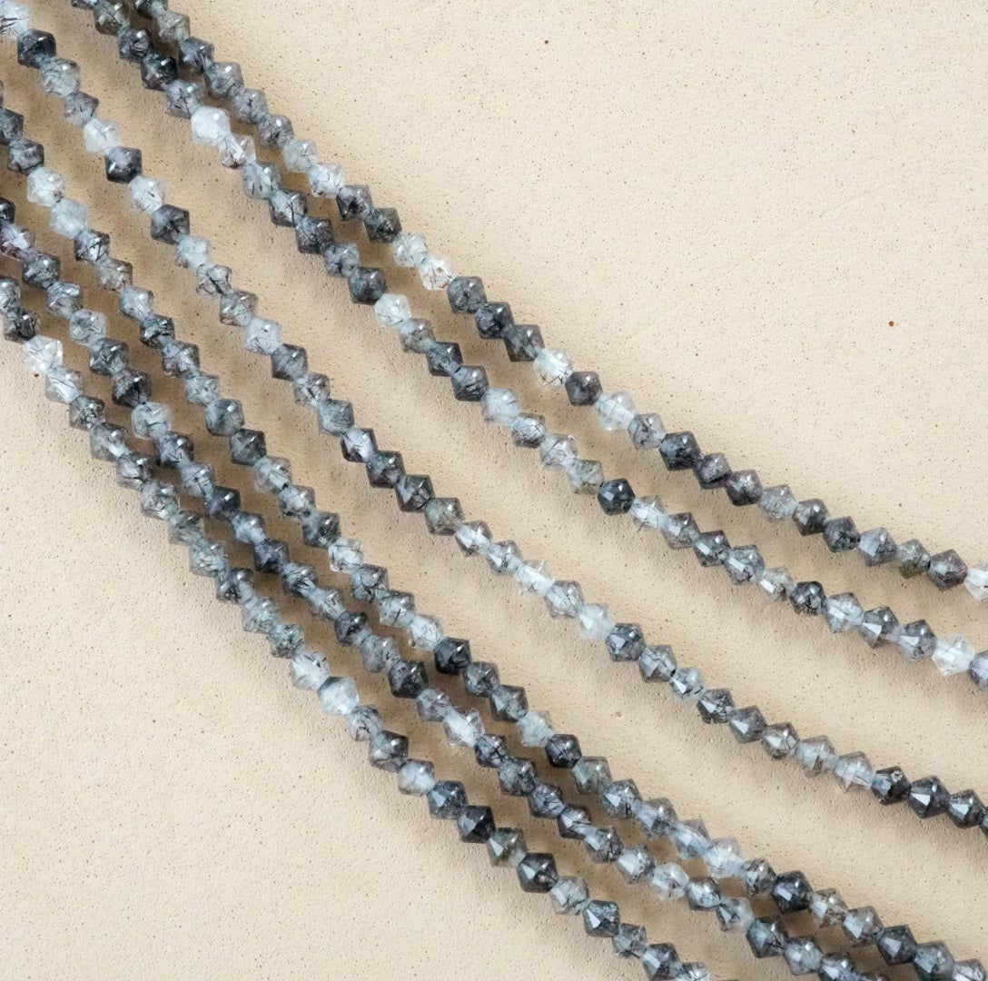 Black Tourmalated Quartz (Bicone)(Micro)(Faceted)(4mm)(15.5"Strand)