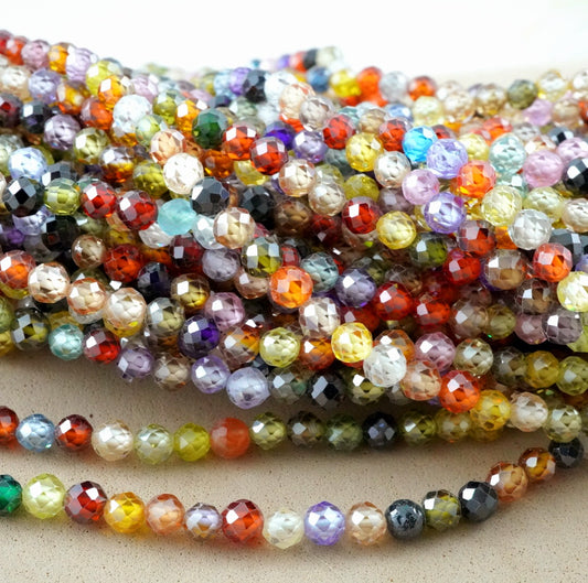 Cubic Zirconia (Round)(Micro)(Faceted)(Multi-Color)(Dyed)(2mm)(4mm)(16"Strand)