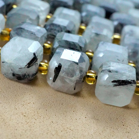 Black Tourmalated Quartz (Cube)(Faceted)(8mm)(15"Strand)