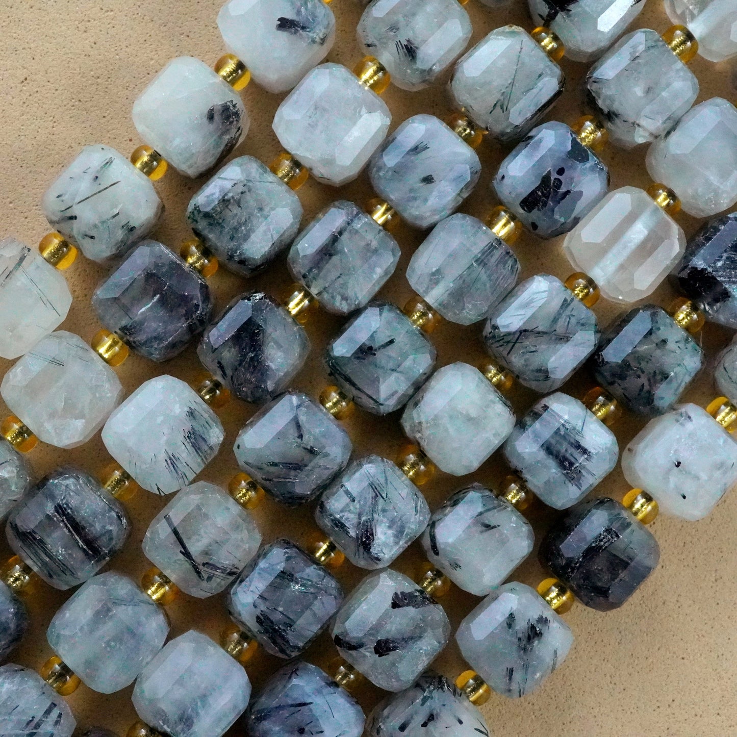 Black Tourmalated Quartz (Cube)(Faceted)(8mm)(15"Strand)