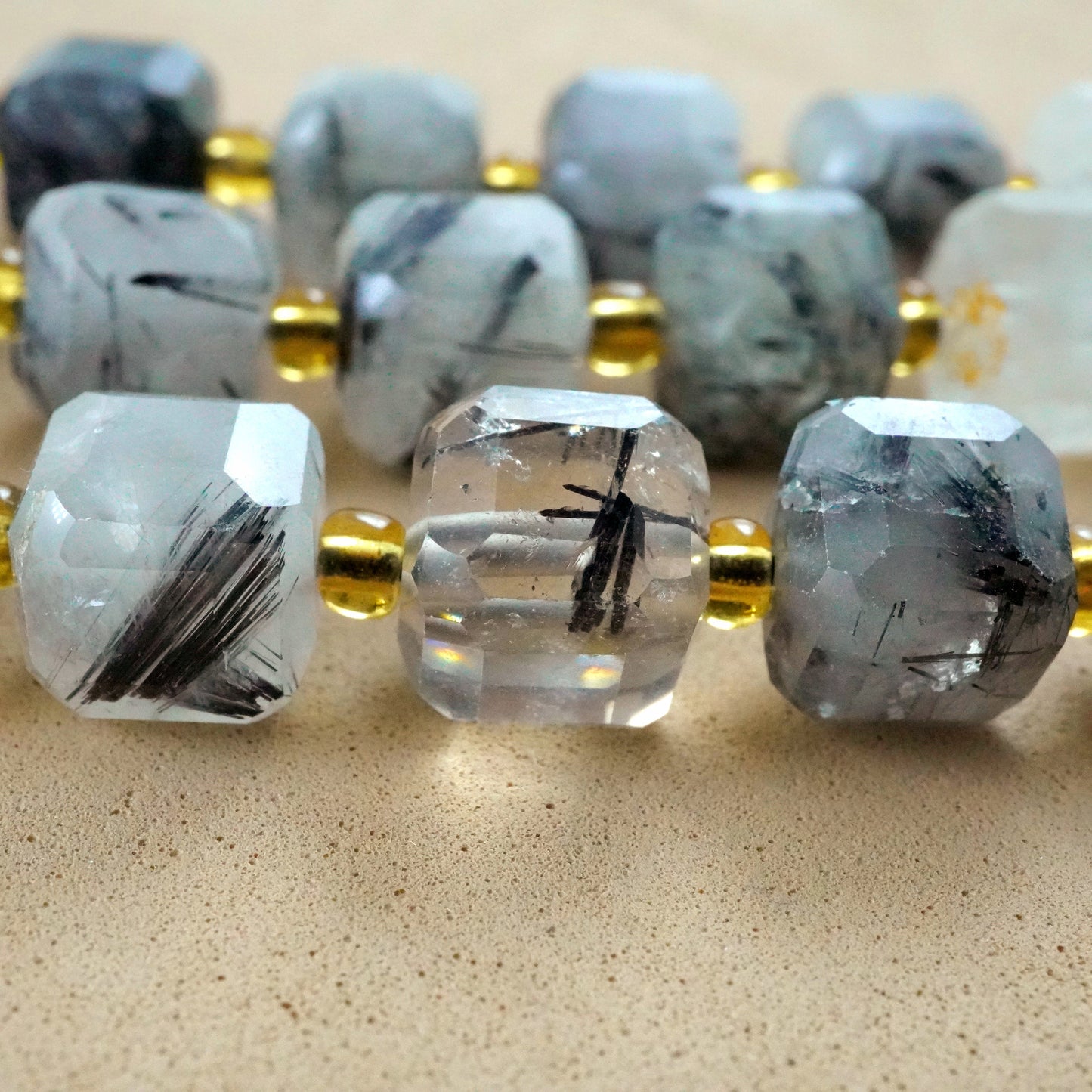 Black Tourmalated Quartz (Cube)(Faceted)(8mm)(15"Strand)