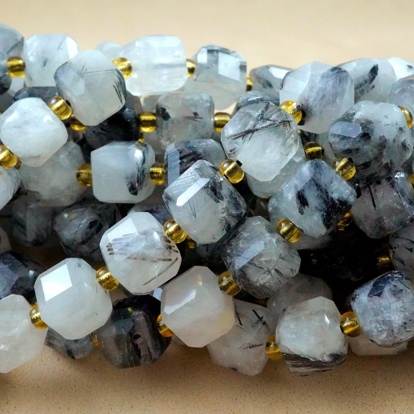 Black Tourmalated Quartz (Cube)(Faceted)(8mm)(15"Strand)