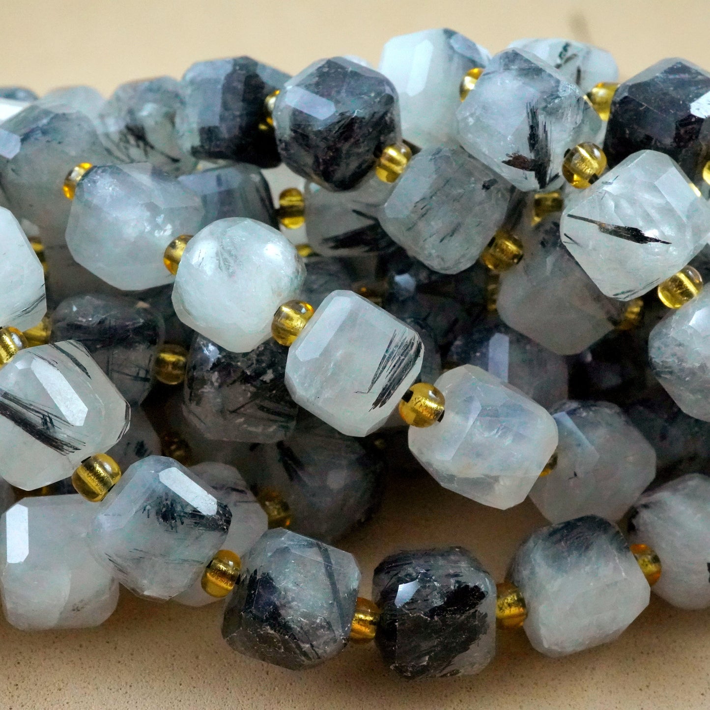 Black Tourmalated Quartz (Cube)(Faceted)(8mm)(15"Strand)