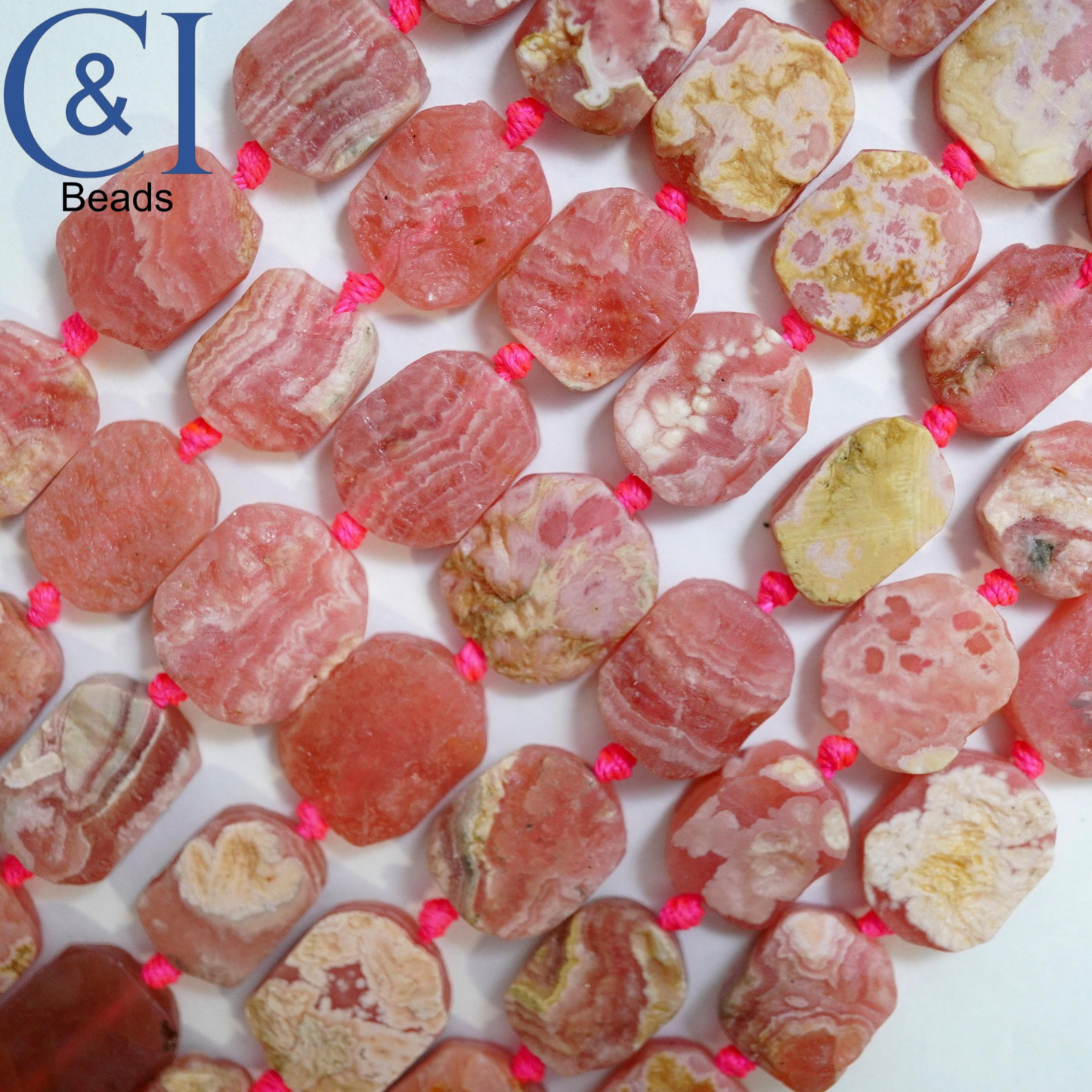 Rhodochrosite (Oval)(Raw)(12x14mm)(16"Strand)